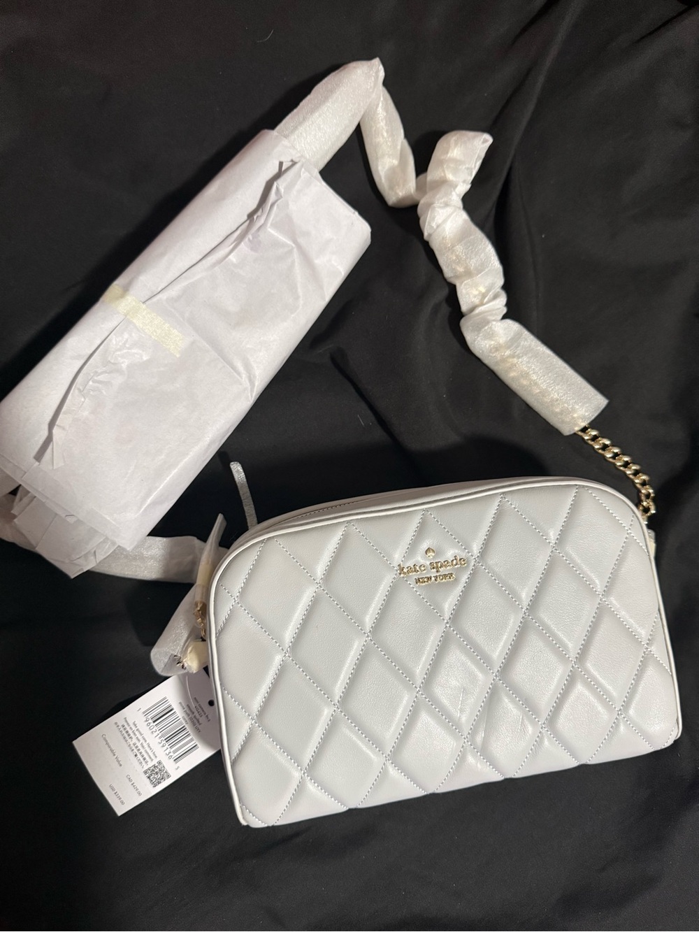 kate spade White Quilted Leather Crossbody with Gold Chain